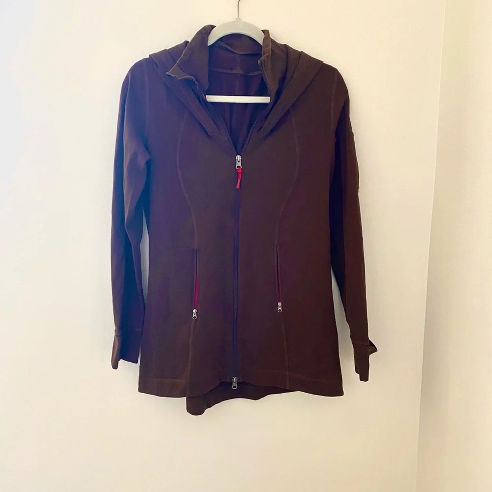 lululemon athletica Brown Hooded Zip Jacket with Red Accents